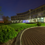 Landscape of a business park at night