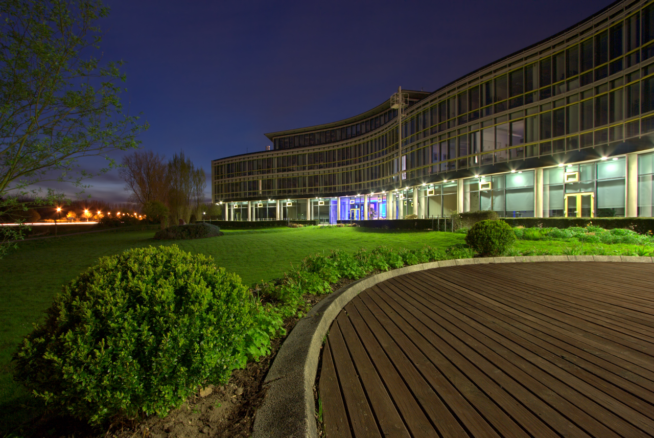 Landscape of a business park at night